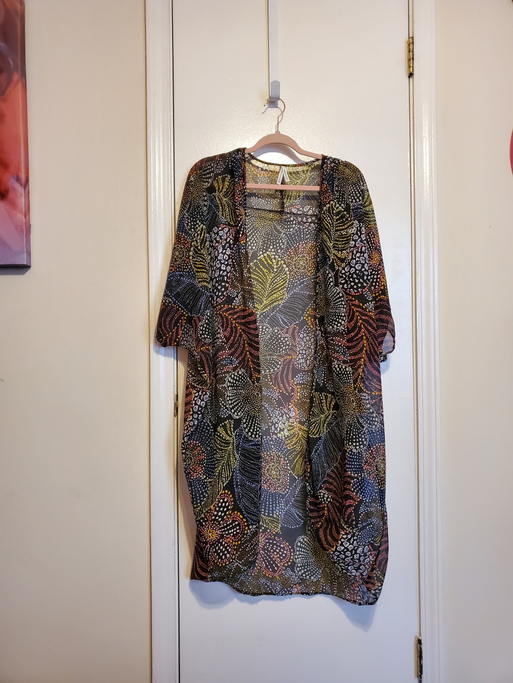 Live 4 Truth Black Sheer Multi-Color Patterned Open-Front Cardigan Kimono